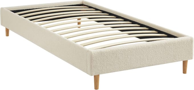sweeek - Bed met lattenbodem, bouclé afwerking, wit