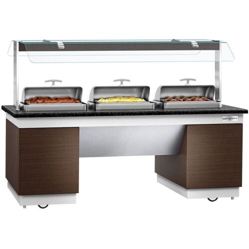 GGM Gastro Buffettheke warm DUBLIN - 2300mm - mit 3 Chafing Dishes & Rollen Bruin / Zwart / Wit