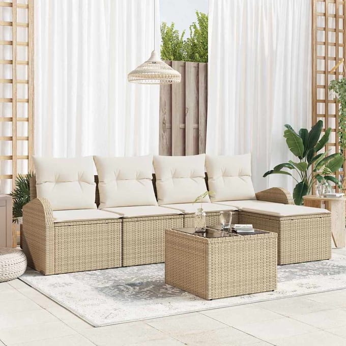 vidaXL - Tuinbank - Set - met - kussen - 6 - pcs - Beige - Poly - rattan