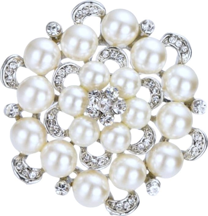 Fako Bijoux® - Broche - Bloem - Parel - XL - 50x56mm - Zilverkleurig