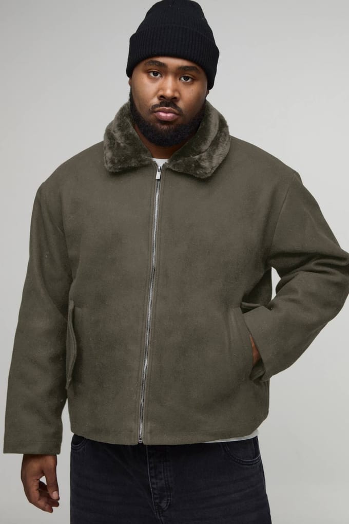 Plus Faux Fur Collar Regular Fit Bomber Jacket | Khaki | Size 2XL