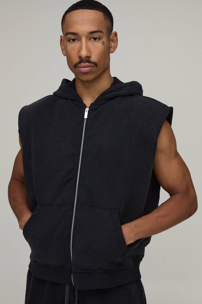 Oversized Boxy Mouwloze Hoodie Met Schoudervulling En Rits In Washed Look | Washed Black | Size Medium