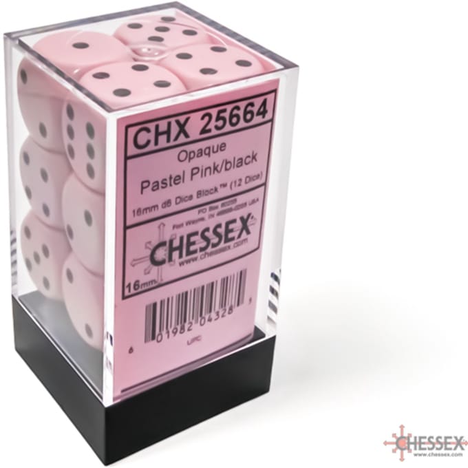 Chessex 12 x D6 Set Opaque Pastel 16mm - Pink/Black