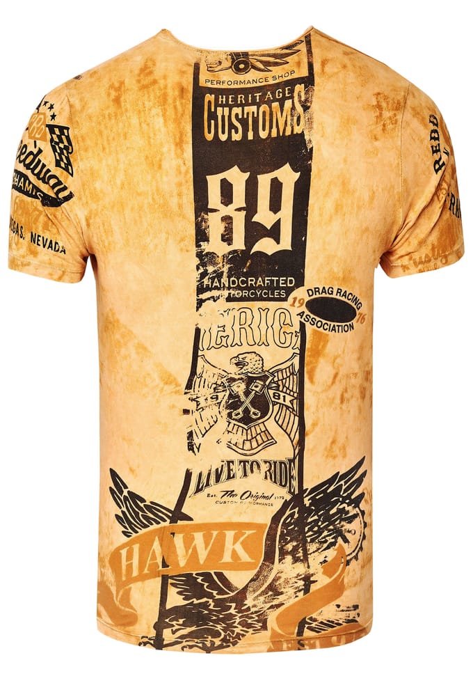 Gewassen biker T-shirt met voor- en achterkant bedrukt