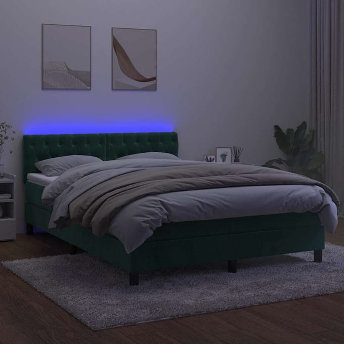 vidaXL - Boxspring - met - matras - en - LED - fluweel - donkergroen - 140x190 - cm