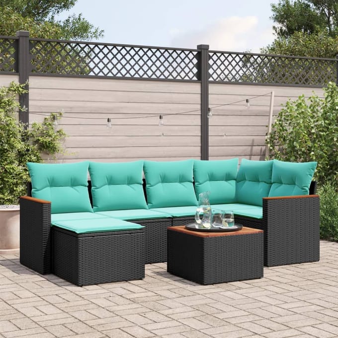 vidaXL - 7-delige - tuinbankset - met - kussens - van - zwart - polyrotan