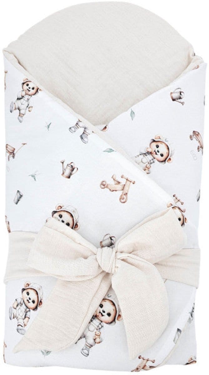 Printed Cotton and Muslin Swaddle Blanket with Coconut Gardener Bear