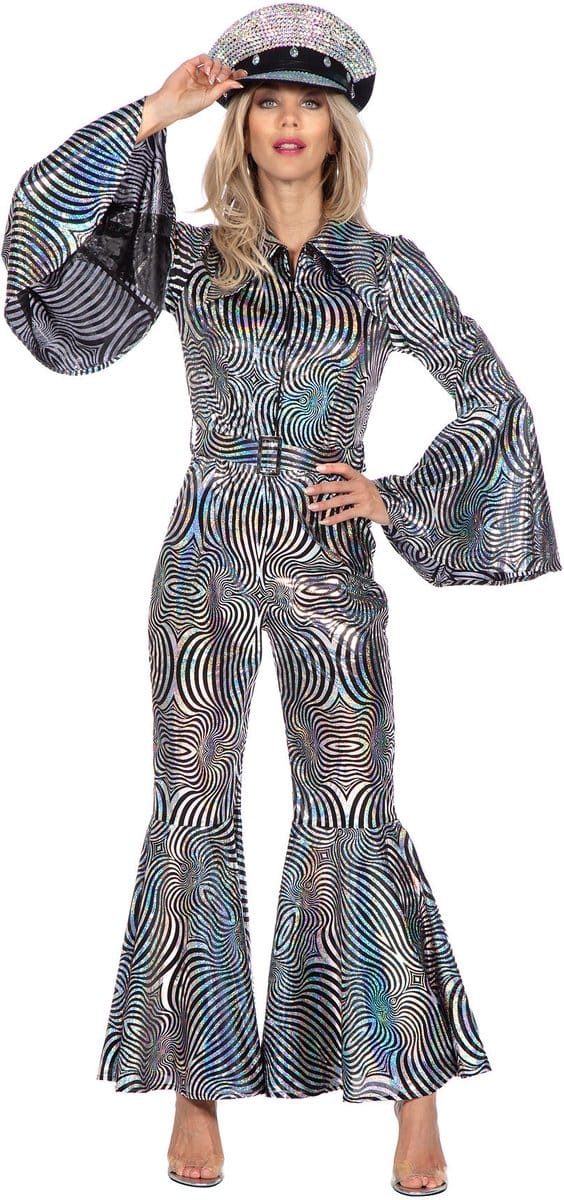Disco Catsuit Cirkels Holografisch Zilver - Maat 44