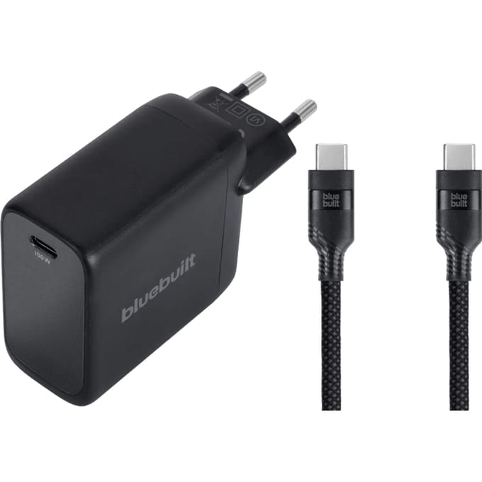 BlueBuilt 100W GaN Usb C Oplader Zwart + Usb C Kabel 240W 2m Nylon Zwart