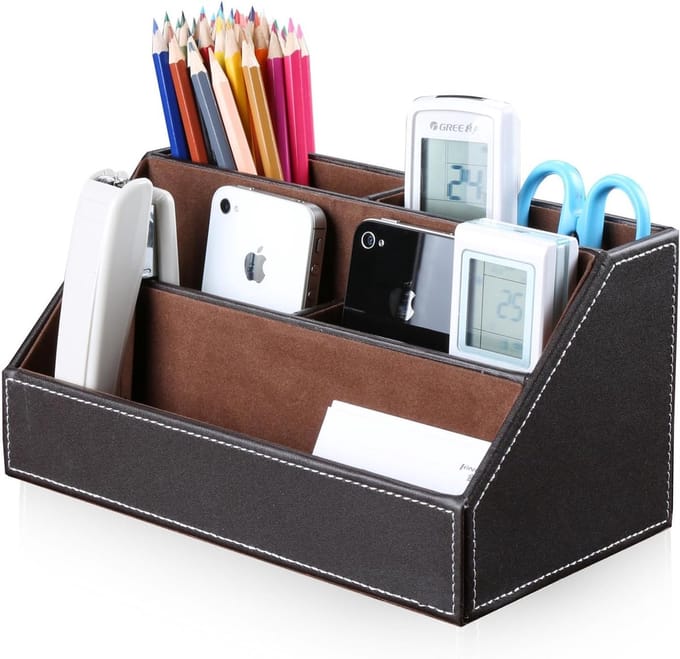 Multifunctionele bureau organizer - Houten structuur - PU leder - Pennenhouder - Bruin Bureau organizer