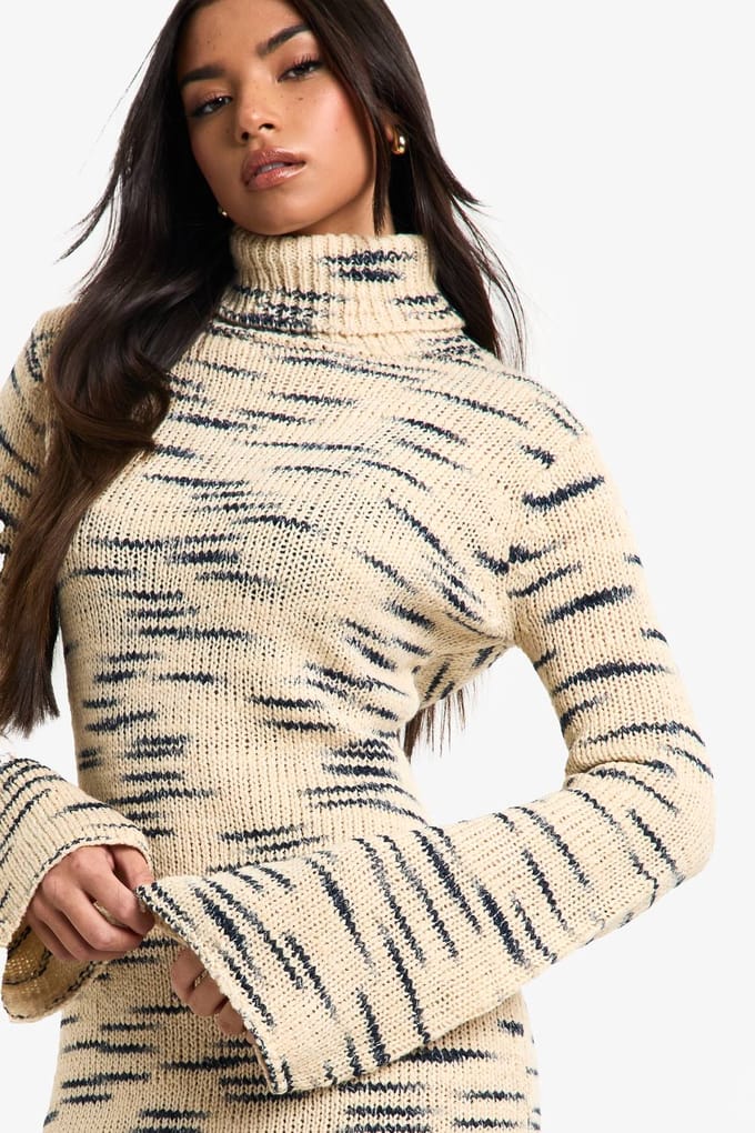 boohoo Dames Premium Marl Gebreide Rolkraag Midi Jurk | Steen | Maat: Medium