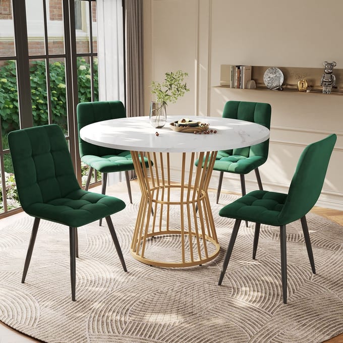 Eettafelset - Ø100 cm - 5-delig + 4 Stoelen - Samt Stoelen - MDF Tafelblad - Wit / Groen / Goud