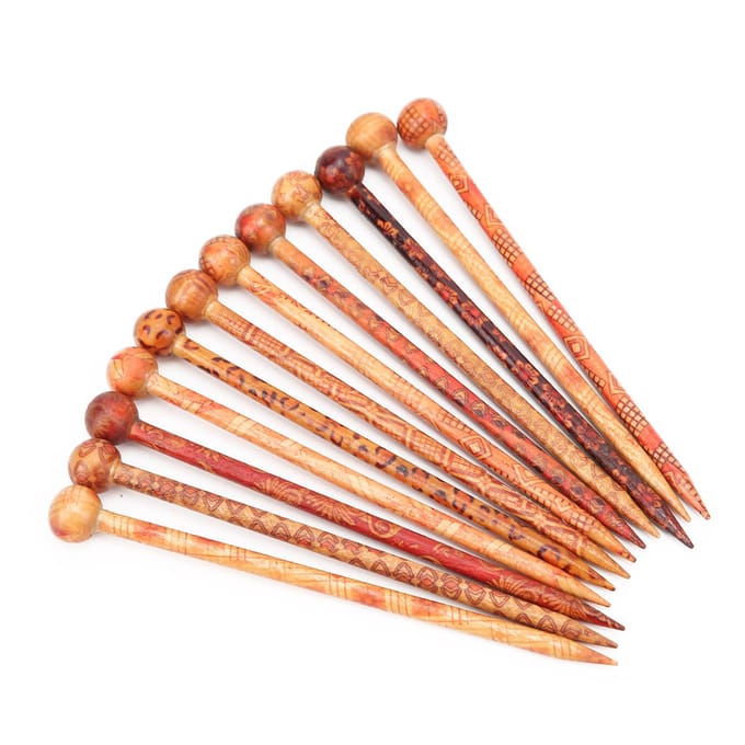 12 Stuks Haarstok DIY Retro Bedrukt Houten Folkstijl Elegant Temperamentvol Dames Decoraties brown