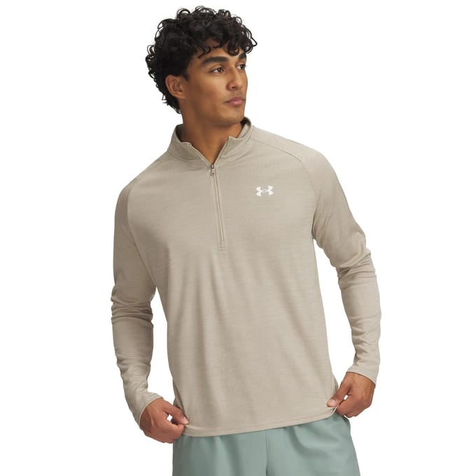 Under Armour UA Tech Textured 1/2 Zip-BRN Heren Sportshirt - City Khaki - Wit