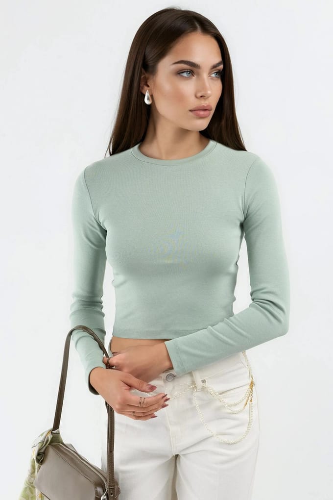 Slim Fit Lange Mouwen Crop Top met Ronde Hals