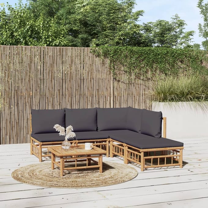 vidaXL - 6-delige - Loungeset - met - kussens - bamboe - donkergrijs