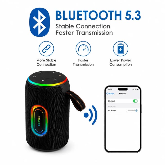 20W RGB Bluetooth draagbare luidspreker met verbeterde bas, Bluetooth 5.3, HiFi stereo draadloze luidspreker, USB-C, 8 uur afspeeltijd, ondersteuning voor TF/AUX/FM, compacte luidspreker voor thuis,