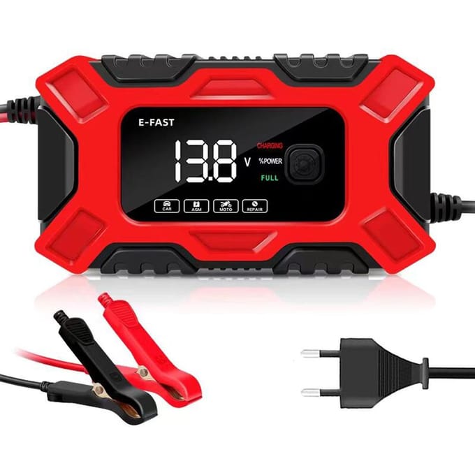 E-FAST Auto-acculaders 12V/6A Volautomatische acculaders Onderhoudsapparaat 3-traps draagbaar EU Plug rood