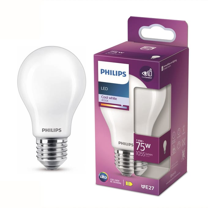 Philips LED lamp - Standaard lampvorm met E27 fitting - Koelwit licht: 4000K - 75W - Mat glas
