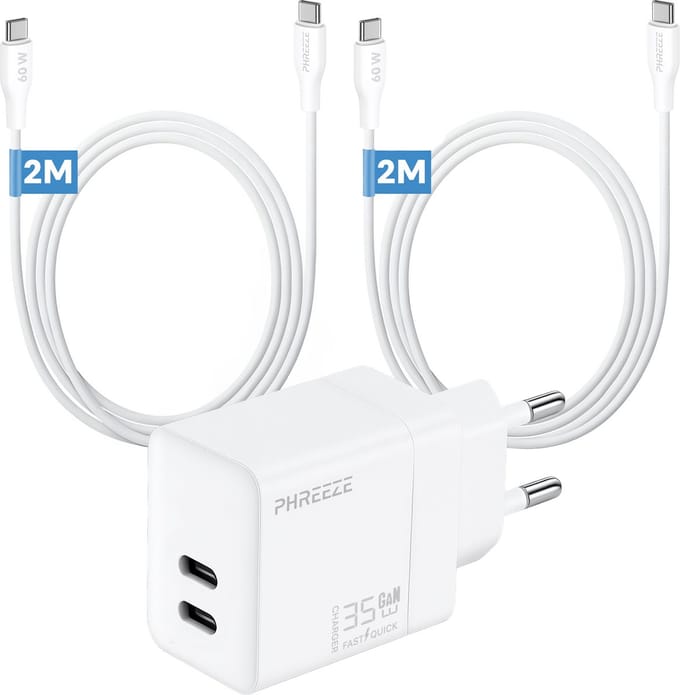 Phreeze usb C oplaadset 35w - GaN charger met 2x usb C naar usb C kabels 2m - Snellader voor telefoon en tablet