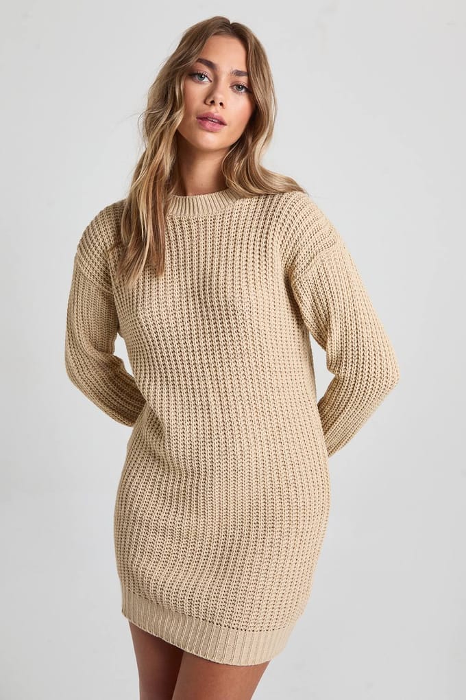 boohoo Dames Crew Neck Mini Jumper Jurk | Stone | Maat: Medium