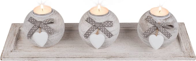 Decoratie, houten plankje met 3 theelichthouders