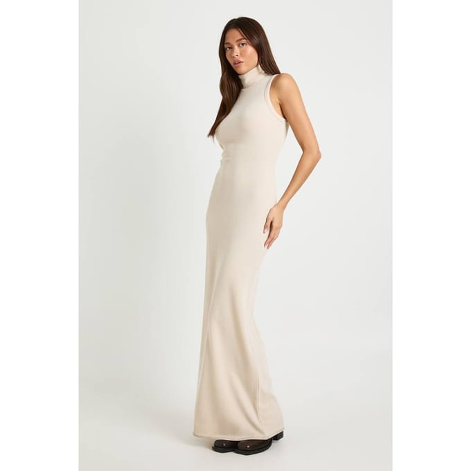 boohoo Dames Geribde mouwloze maxi jurk met hoge hals | Beige | Maat: 36