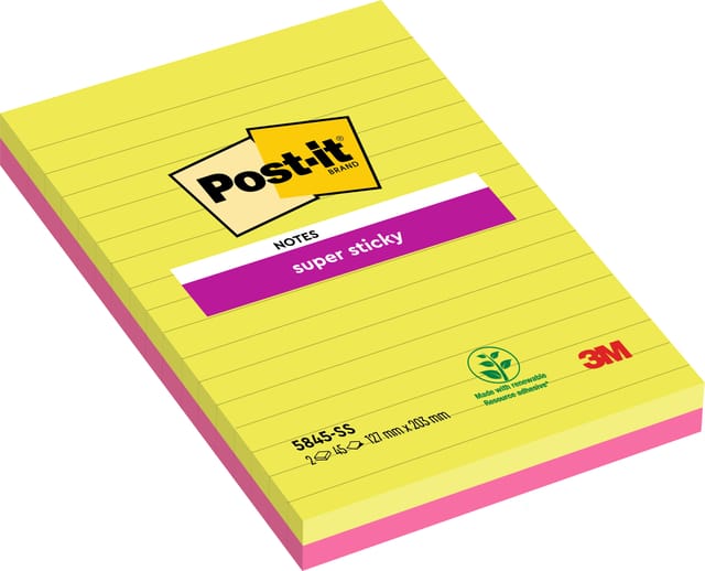 Post-itÂ® Super Sticky Notes, Limoen,Fuchsia, Gelijnd, 125mm x 200 mm, 2 Blokken, 45 Blaadjes/Blok