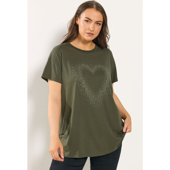 Yours Kakigroen Tshirt Met Hart Met Studs Size 50-52