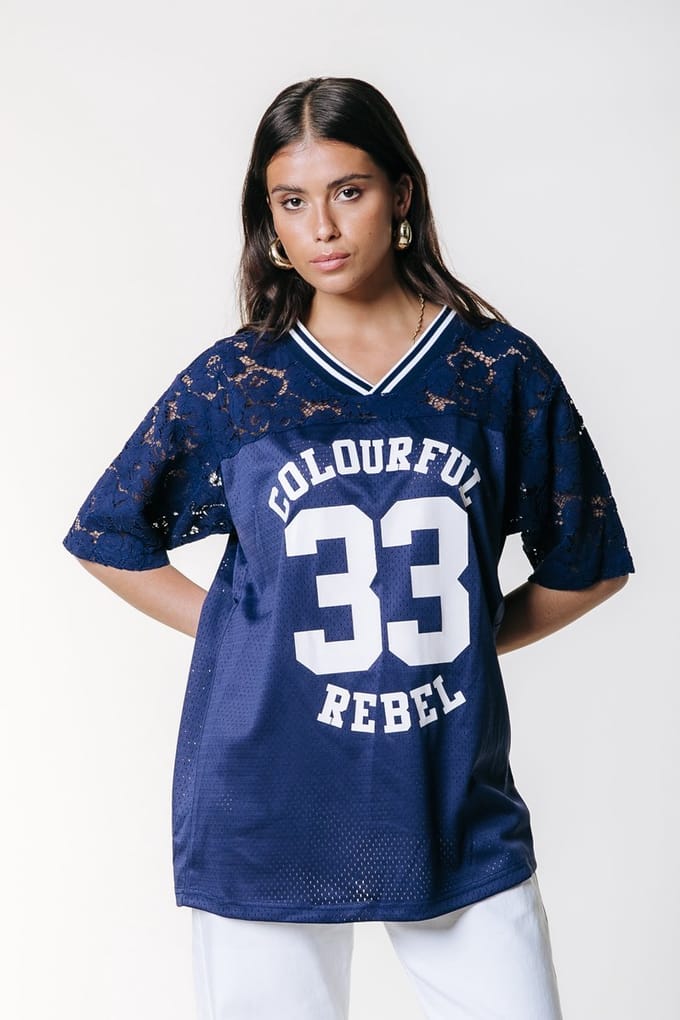 Colourful Rebel Tayla 33 Lace Mesh Football Tee- M