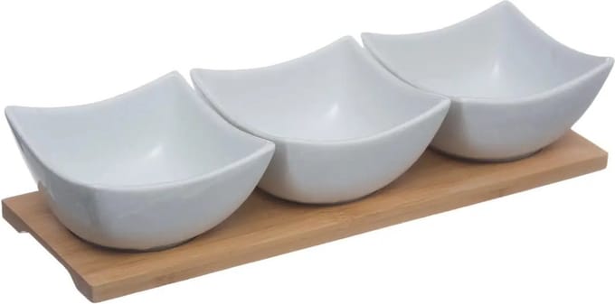5Five Serveerplank/borrelplank hapjes/saus/tapas - porselein - wit - incl. 3x schaaltjes