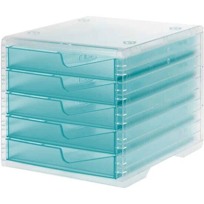 Ladebox styro® styroswing light, 5 laden, uittrekstop & verzonken greep, stapelbaar, B 270 x D 340 x H 255 mm, polystyreen, transparant-aqua