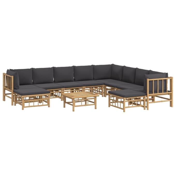 vidaXL - 11-delige - Loungeset - met - kussens - bamboe - donkergrijs