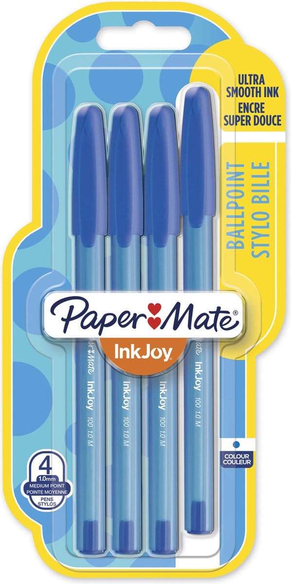 Paper Mate InkJoy 100ST-balpennen | Medium punt (1,0 mm) | Blauw | 4 stuks