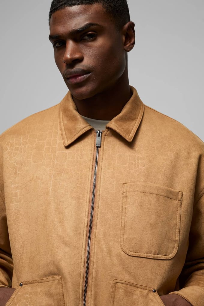 Oversized Croc Faux Suede Collared Carpenter Worker Jacket | Tan | Size Medium