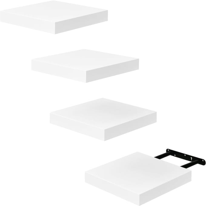 Set van 4 Wandplanken, Compact 20 x 20 cm, MDF Planken voor Badkamer, Keuken en Hal, Wit