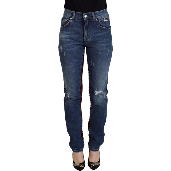 Versleten Denim Jeans Rood Zwart Ruit