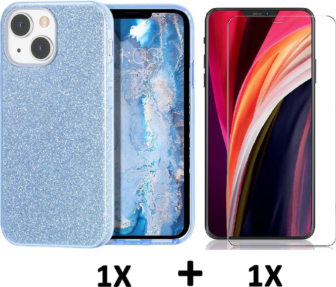 HB Hoesje Geschikt voor Apple iPhone 13 - Blauw / Glazen Screenprotector - Glitter Back Cover