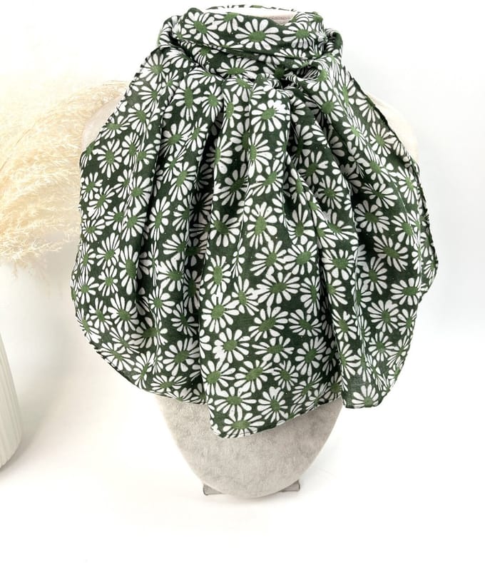 Lange dames sjaal Almina-gebloemd motief-blad groen wit hulst goud