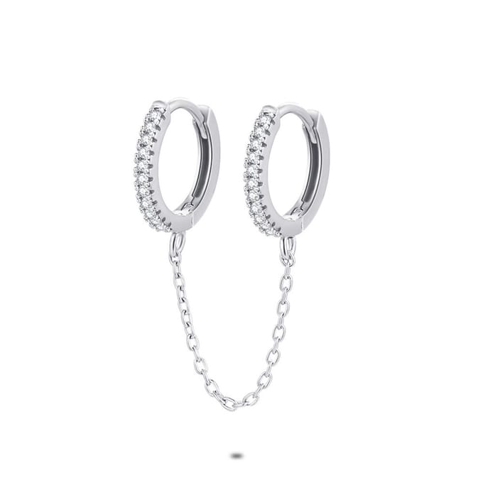 Twice As Nice Oorbel per stuk in zilver, 2 oorringen aan ketting, zirkonia
