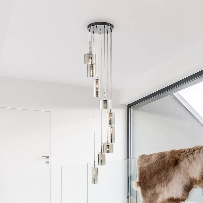 Searchlight Linnen hanglamp, 9-lamps, chroom/rookkleurig, glas, G4