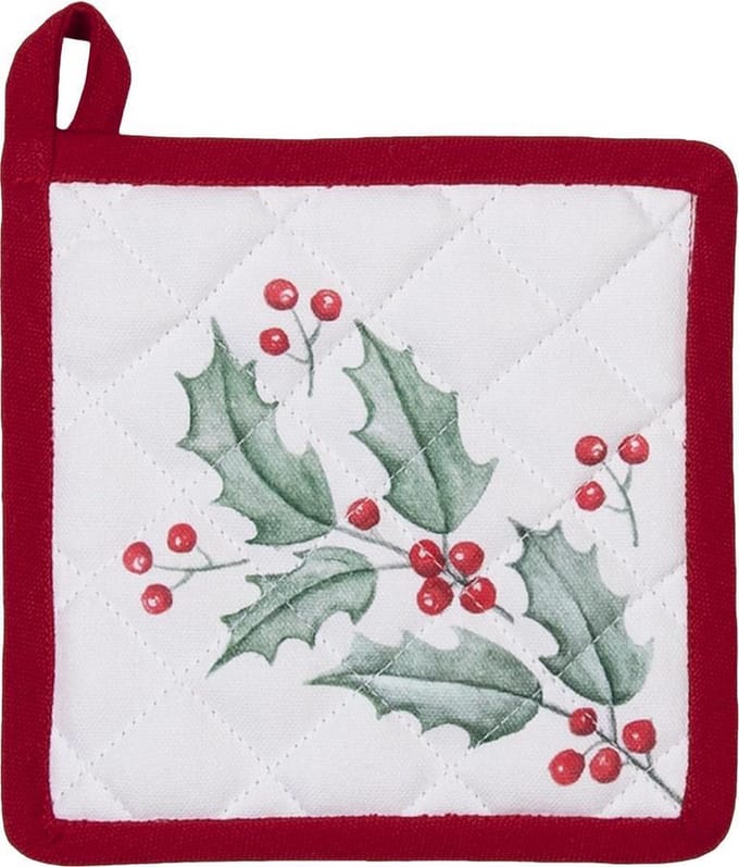 Clayre & Eef Kind Pannenlap 16x16 cm Wit Rood Katoen Hert Hulstbladeren