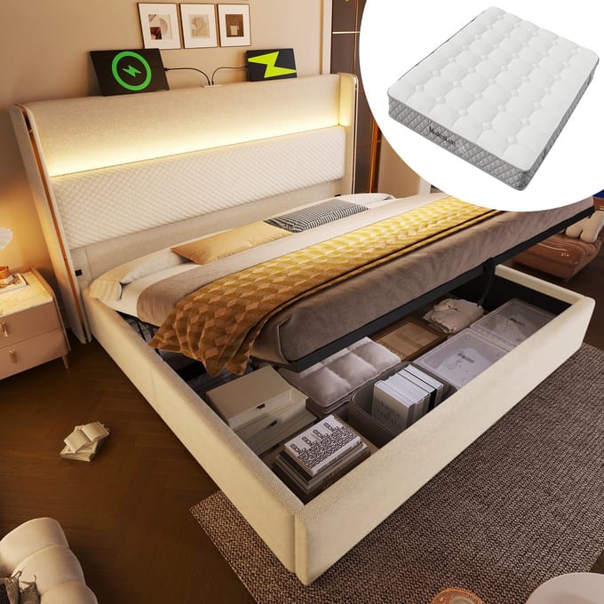 MODFU Bedframe – 140x200 cm – Met hoog hoofdbord, LED & matras – Beige linnen