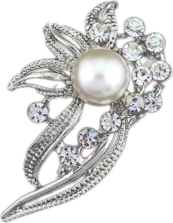 Fako Bijoux® - Broche - Bloem Met Parel - 24x41mm - Zilverkleurig