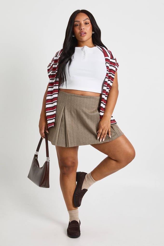 boohoo Dames Plus Geborstelde Visgraat Skort | Light Brown | Maat: 16