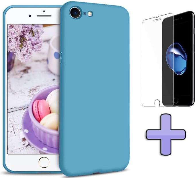 HB Hoesje Geschikt voor Apple iPhone SE (2020) Blauw - Siliconen Back Cover / Glazen Screenprotector
