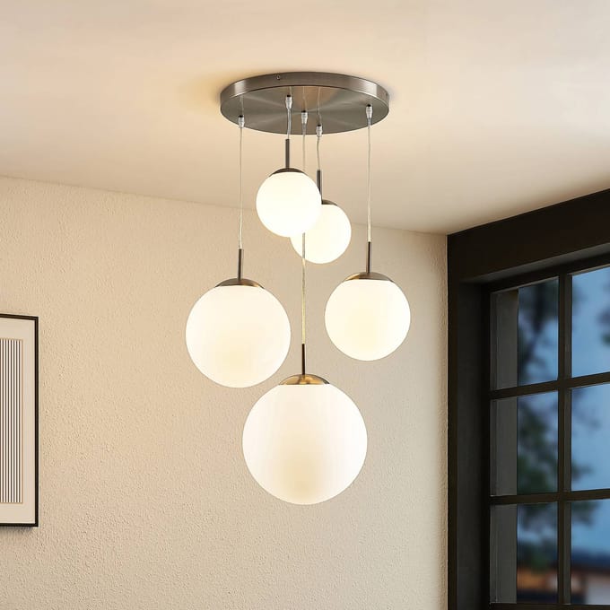 Lindby - hanglamp - 5lichts - Metaal, glas - H: 30 cm - E27 - mat nikkel, opaalwit