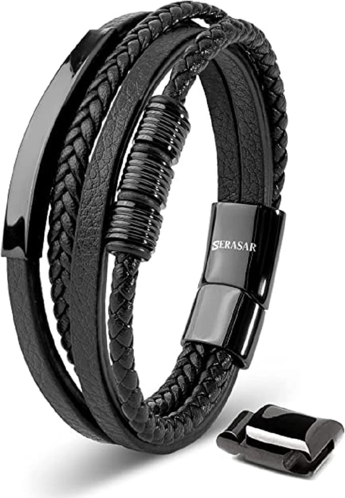 SERASAR Armband Heren [Brave] Echte Leren - Zwart 20cm - Beste Cadeau voor Hem