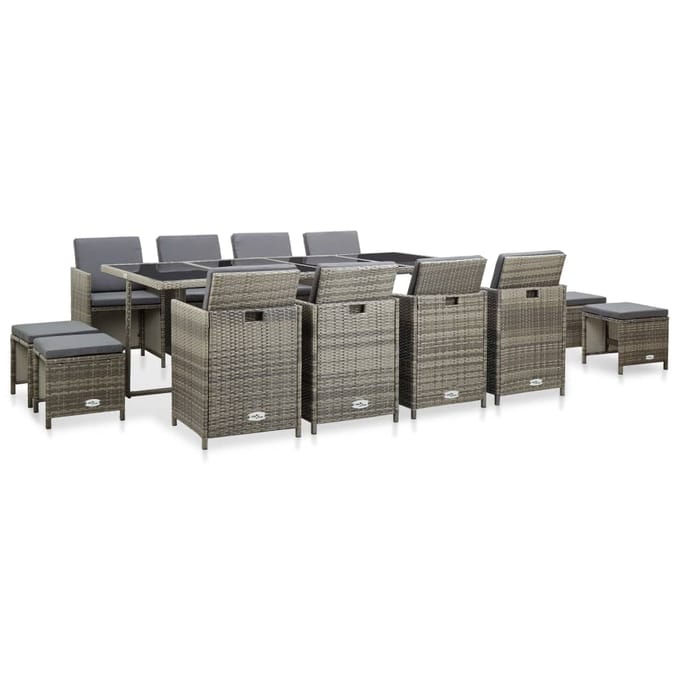vidaXL - 13-delige - Tuinset - met - kussens - poly - rattan - grijs