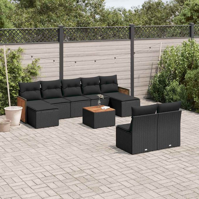 vidaXL - 10-delige - Loungeset - met - kussens - poly - rattan - zwart